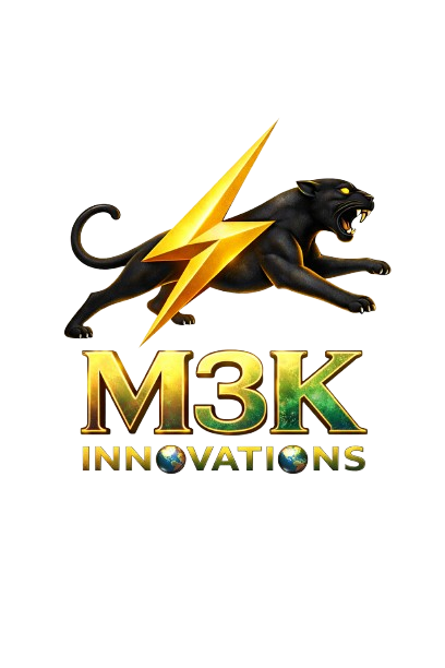 M3K Innovations logo featuring a black panther, gold lightning bolt, and metallic gold and emerald lettering